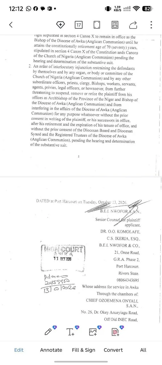Archbishop Ibezim Challenges Primate Ndukuba, Church of Nigeria in Court Over Six-Month Leave