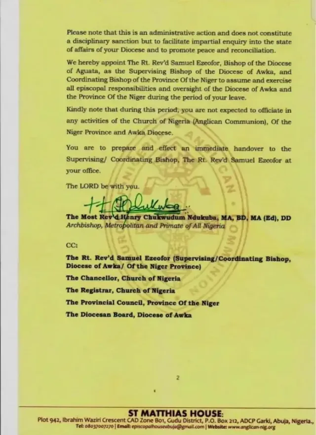 Anglican Church Suspends Archbishop Ibezim, Bars Him from Officiating Church Activities, Appoints Ezeofor as Supervising Bishop