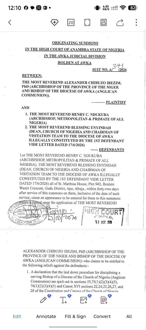 Archbishop Ibezim Challenges Primate Ndukuba, Church of Nigeria in Court Over Six-Month Leave