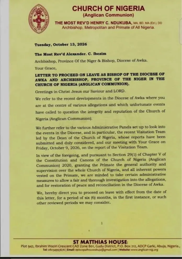 Anglican Church Suspends Archbishop Ibezim, Bars Him from Officiating Church Activities, Appoints Ezeofor as Supervising Bishop