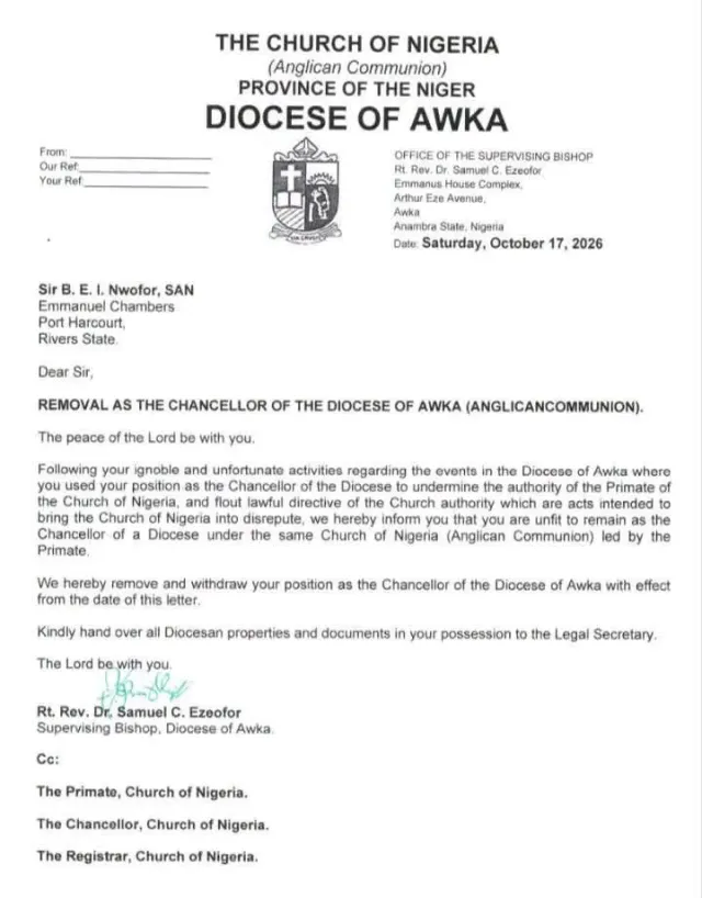 Anglican Crisis Deepens as Ezeofor Removes Nwofor as Awka Diocese Chancellor